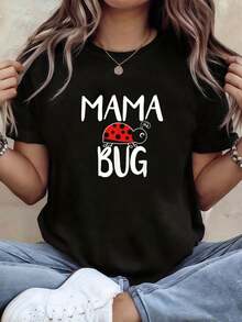 Women's Spring-Summer Short-Sleeved T-Shirt With Round Neck And Text Print, Featuring A Ladybug And Mom Insect Theme, . - Hitam - View 1