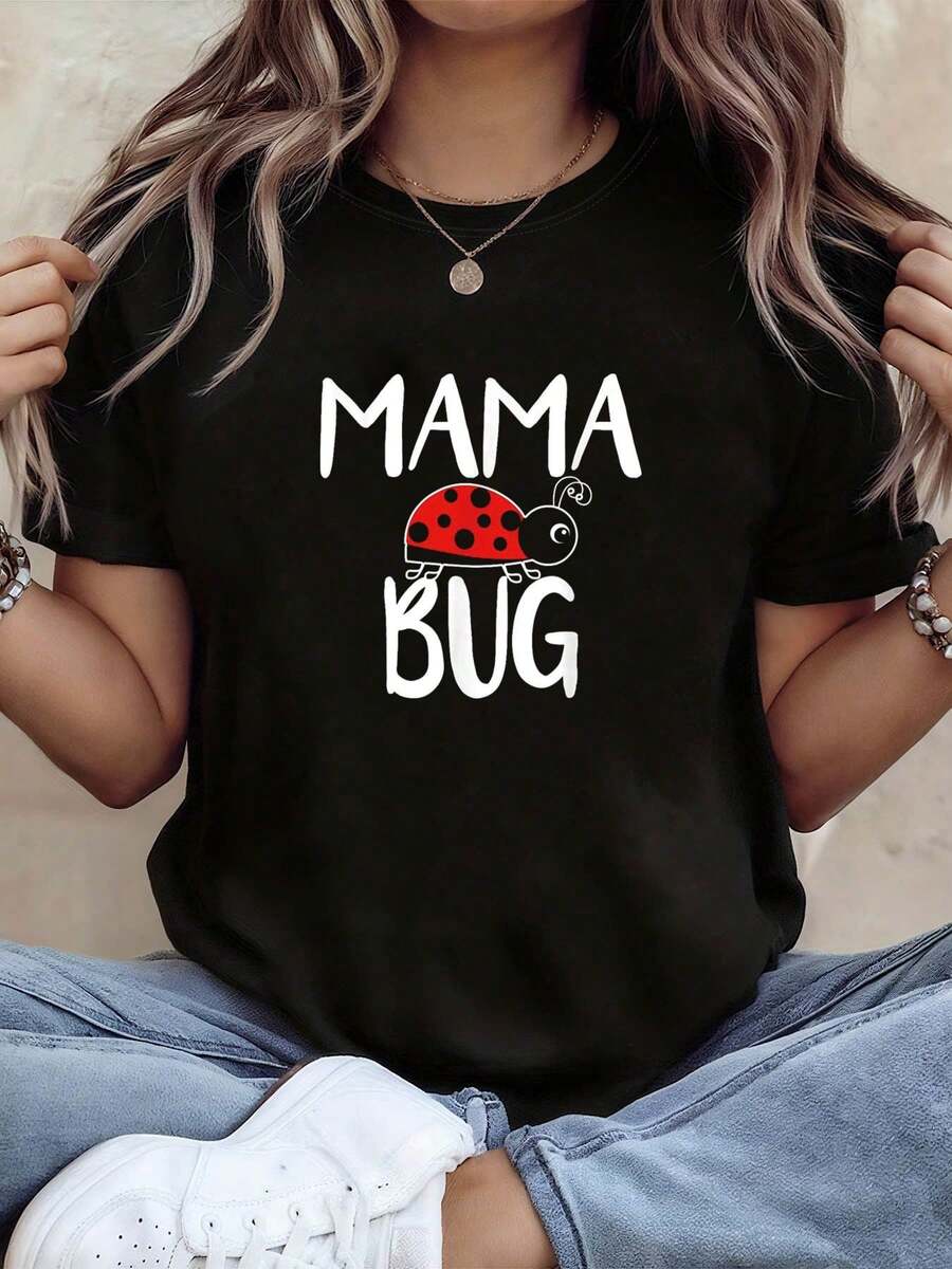 Women's Spring-Summer Short-Sleeved T-Shirt With Round Neck And Text Print, Featuring A Ladybug And Mom Insect Theme, . - Hitam - View 1