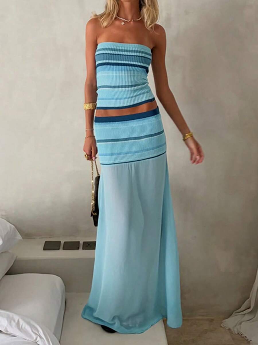 Daleeva Women's Summer 2 Pieces Set, Blue Minimalist Versatile Tank Top With Mesh Skirt Casual Elegant - Baby Blue - View 1