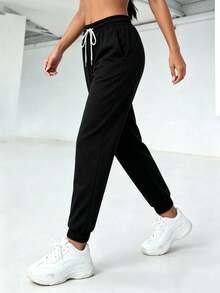 Straight-Leg Trousers With Elastic Waistband And Drawstring, Pleated, Solid Color, For Everyday Casual Wear, Spring/Summer - Black - View 4