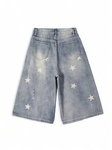 American Retro Star Print 3/4 Length Denim Jeans, Summer New Slimming Lightweight High Street Wide Leg, Random Print Casual - Light Wash - View 5