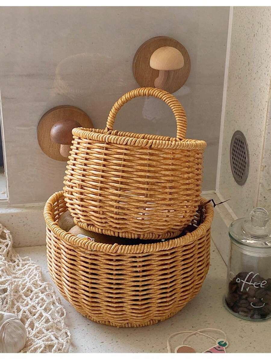 2pcs Wall-Mounted Storage Baskets (Large + Small), Includes 2 Hooks | Hand-Woven Bohemian Style Storage Baskets, Stackable, Suitable For Kitchen, Bathroom And Cosmetic Organization | High-Quality Rustic Home Decor - Multicolor - View 1