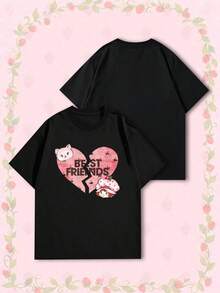 女款夏季 T 恤，可愛「Best Friends」印花寬鬆休閒 T 恤，適合日常穿著與甜美女孩風，黑色 - 黑色 - 查看 7