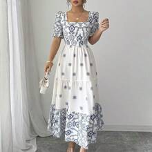 jianchaimaoyi02  Vestido casual/de trabajo de manga corta con cuello cuadrado y cintura ceñida en línea A con estampado para mujer - Multicolor - Ver 7