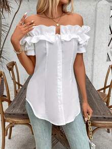 Talla Grande - Talla Grande - Camiseta de Mujer de Talla Grande, Color Sólido, Volantes y Hombros Descubiertos, Manga Corta - Blanco - Ver 5