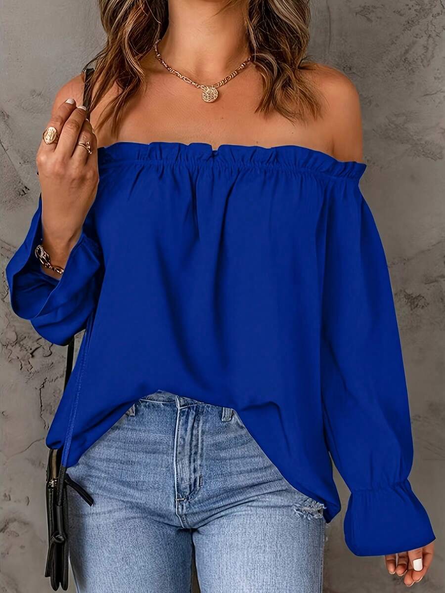 Blusa de hombros descubiertos de estilo europeo y americano, camisa de primavera/otoño - Development - Azul - Ver 1