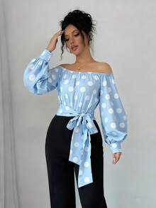 Elegant Women's Off-Shoulder Blouse With Polka Dots And Front Bow - Puff Sleeves, Round Neck, White, Machine Washable, Ideal For Casual Or Semi-Formal Wear In All Seasons - 藍天 - 查看 1