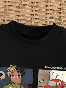 Young Boy Cartoon Pattern Crew Neck Sweatshirt And Sweatpants Casual Set - Black - View 3