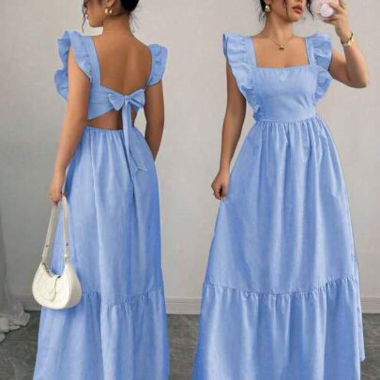 Vestido casual de mujer con cuello cuadrado, estampado de rayas y dobladillo con volantes . - Energía azul - Añade 1