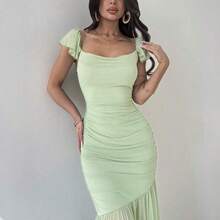 Vestido ajustado de mujer con volantes, cintura anudada y malla verde elegante, adecuado para fiestas, vacaciones, festivales de música, temporada de bodas, brunch, Día de San Patricio, vestidos largos bohemios para mujeres, Fairycore, atuendos de vacaciones, vestidos de graduación, atuendos de playa, atuendos de aeropuerto AG - Verde - Ver 6
