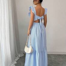 Vestido casual de mujer con cuello cuadrado, estampado de rayas y dobladillo con volantes DG - Azul - Ver 8
