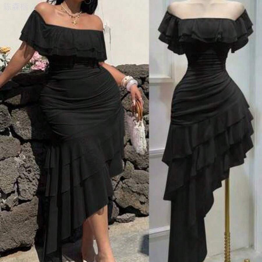 xuehuamaoyi02 Vestido de fiesta, boda, vacaciones, talla grande con hombros descubiertos, volantes en el bajo, asimétrico, de malla fluida, vintage, lindo, color rosa - Negro01 - Ver 1