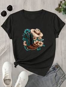 Un top de manga corta con cuello redondo para mujer combinado con botas vaqueras y un top de manga corta con estampado floral, apto para todas las estaciones. - Negro - Ver 1