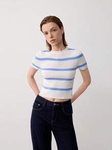 Women's Striped Short Sleeve Casual Knit Cropped T-Shirt Summer - Blue and White - View 5