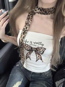 Korean Y2K Vintage Style Women's Leopard Print Bow Pattern Ruched Side Fitted Short Smooth Tube Top With Leopard Print Scarf Casual Summer White - White - View 4