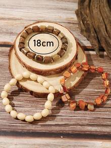 BOCAR 3pcs/Set Natural Beaded Wooden Bracelet Set, Suitable For Beach & Vacation - Brown - View 3