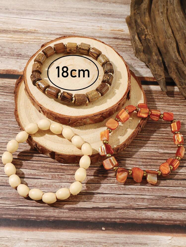 BOCAR 3pcs/Set Natural Beaded Wooden Bracelet Set, Suitable For Beach & Vacation - Brown - View 3