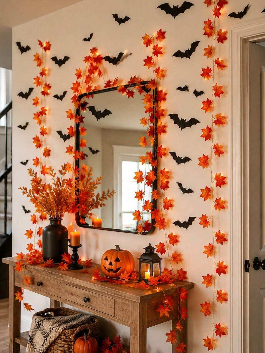 Halloween Autumn Maple Leaf Vine Wreath Set, Artificial Autumn Leaf Hanging Decor Wreath, Suitable For Halloween Wall Decoration, Party Backdrop, Porch, Patio, Fireplace And Window Display - Halloween Vine Set - View 1