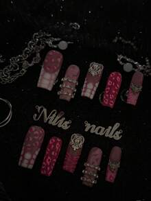 10pcs Handmade Fully Covered Long Square Nails Press On Nails, Pink Nails, 3D Rhinestone&Leopard&Zebra Print Decor, Y2K Sweet And Cool Hot Girl Style, Removable And Reusable False Nails For Party, Daily Wear & Cosplay, With Jelly Glue And Nail File - Pink - View 3