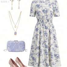 yonghongmaoyi1  Vestido elegante de longitud media con cuello redondo, manga corta, estampado floral y cinturón para mujer - Azul y blanco - Ver 1