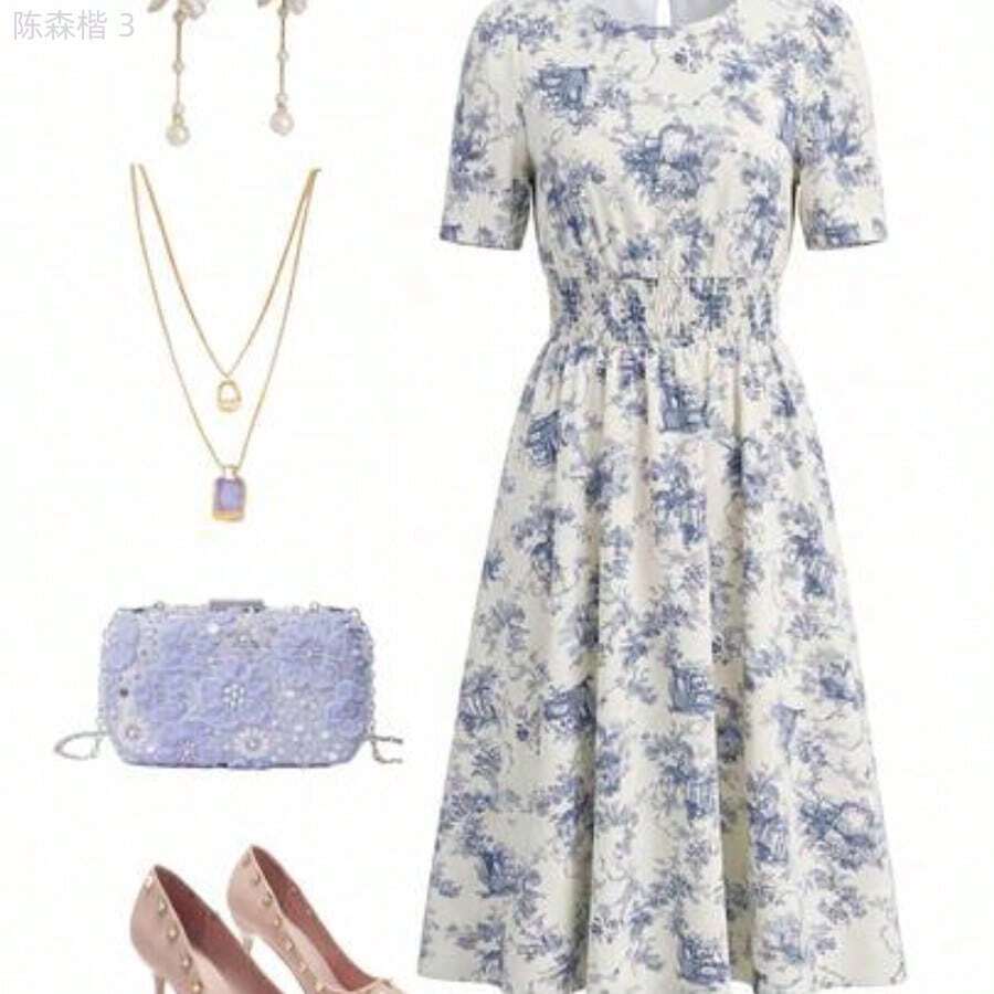 yonghongmaoyi1 Vestido elegante de longitud media con cuello redondo, manga corta, estampado floral y cinturón para mujer - Azul y blanco - Ver 1
