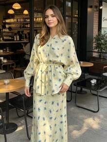 Boho Floral Print Two-Piece Outfit, Button-Up Blouse And Flowy Maxi Skirt - 藍色花 - 查看 8