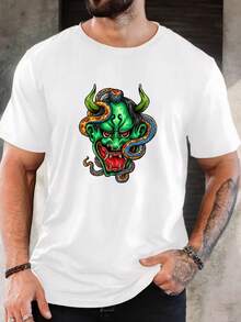 T-shirt à manches courtes en pur coton pour hommes, imprimé graphique masque Oni & serpent, tee-shirt décontracté streetwear, top d'été quotidien, cadeau de Noël pour lui, cadeau de Nouvel An, tee-shirt festif confortable et respirant pour homme, idée de cadeau de vacances européen, remplissage de bas de Noël, tenue décontractée à la mode - Blanc - Voir 6