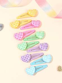 10 piezas Clips BB de corazón color pastel para niñas, clips de pelo de corazón a cuadros kawaii, lindos clips de pelo con broche, regalo para niñas, barrettes, tocado para uso diario y fiestas, accesorios para el cabello de adolescentes - Multicolor - Ver 4