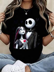 Disney Crew Neck  T Shirt Black Jack Skellington And Sally Couple Print For Casual Wear - 黑色 - 查看 2