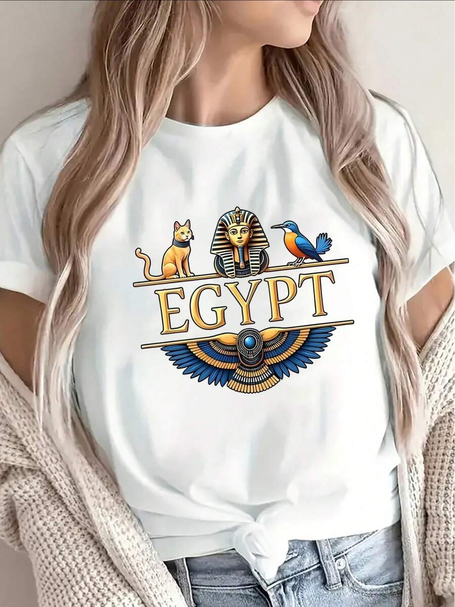 NEW Egyptian Themed T-Shirt - Prints Of Pharaoh Tutankhamun, The Cat Anubis And The Horus Bird With Egyptian Hieroglyphs - Lightweight Polyester Short-Sleeve Crew Neck T-Shirt Suitable For Casual And Themed Events (Black, Ancient Egyptian Design) - Unisex Women's Vintage Style Loose Cotton Short-Sleeve Crew Neck T-Shirt. - 白色 - 查看 1