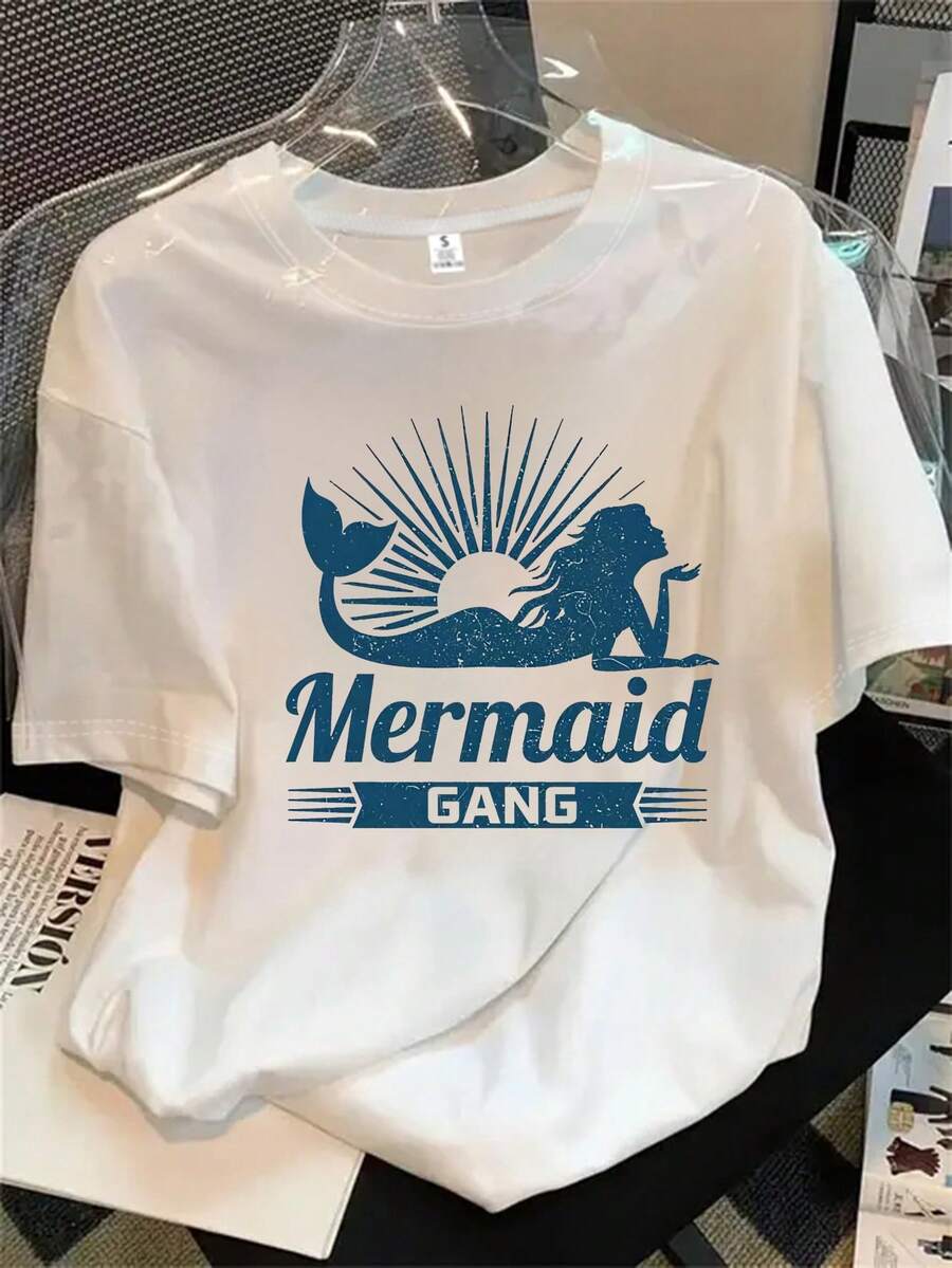 Camiseta de manga corta con cuello redondo para mujer, con estampado de sirena en la espalda, apta para todas las estaciones. - Blanco - Ver 1