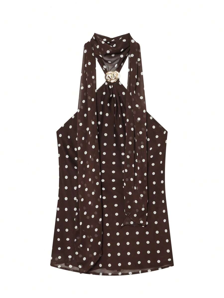 Women's Dark Brown Polka Dot Halter Neck Cold Shoulder Short Blouse, French Metal Buttons, Suitable For Summer Vacation - Coffee Brown - View 1