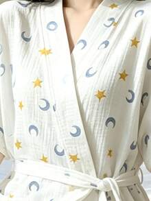 純棉紗布印花前綁帶浴袍，透氣和服風居家服，適合成人浴室、桑拿、早晨穿著 - 星月 - 查看 6
