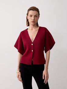 Women's Casual Solid Color Button Front Cardigan, Suitable For Summer & Autumn - Burgundy - View 7
