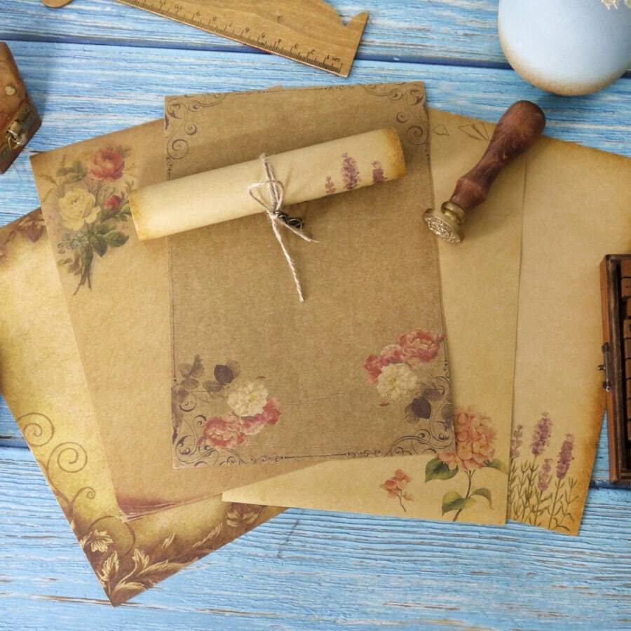 復古花卉文具紙,古風牛皮紙書寫紙,用於信件和剪貼簿的裝飾紙 - A - 查看 1