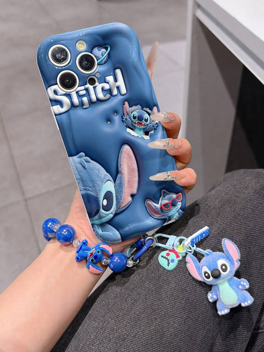 Disney Has Authorized, Phone Case - Chain Set, The Stitch Lilo & Stitch 3D Phone Case Plus A Silicone 3D Stitch Bracelet With Metallic Ring Removable Bracelet, Stitch And Angel Pattern, Compatible With Iphone17/16/15/14/13/12/11/XS/XR/X Plus Pro Max, A Stylish Cartoon Phone Case, The Perfect Gift Choice, Phone Protection, Durable Phone Cover, Great Gift For Friends And Family. - 白色 - 查看 1