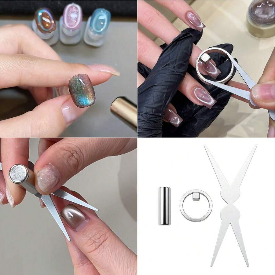 LUSLUKING 3D Hollow French Cat Eye Fake Nails, Short Square & Almond Magnetic Press-On Nails, High Gloss Shiny Finish, Spring/Summer Holiday DIY Nail Art Accessories, Salon-Quality Effect - Multicolor - View 1