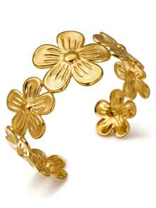 1pc Stainless Steel 3D Flower Open Bangle Bracelet, Suitable For Women's Daily Wear - Gold - View 4