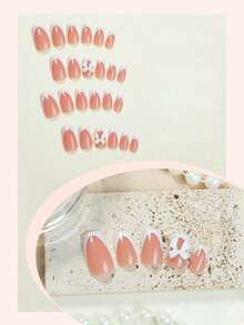 24pcs Short White French Medium Square Press-On Nails, 3D Butterfly Rhinestone Fake Nails, Manicure Supplies For Women And Girls - Multicolor - View 2