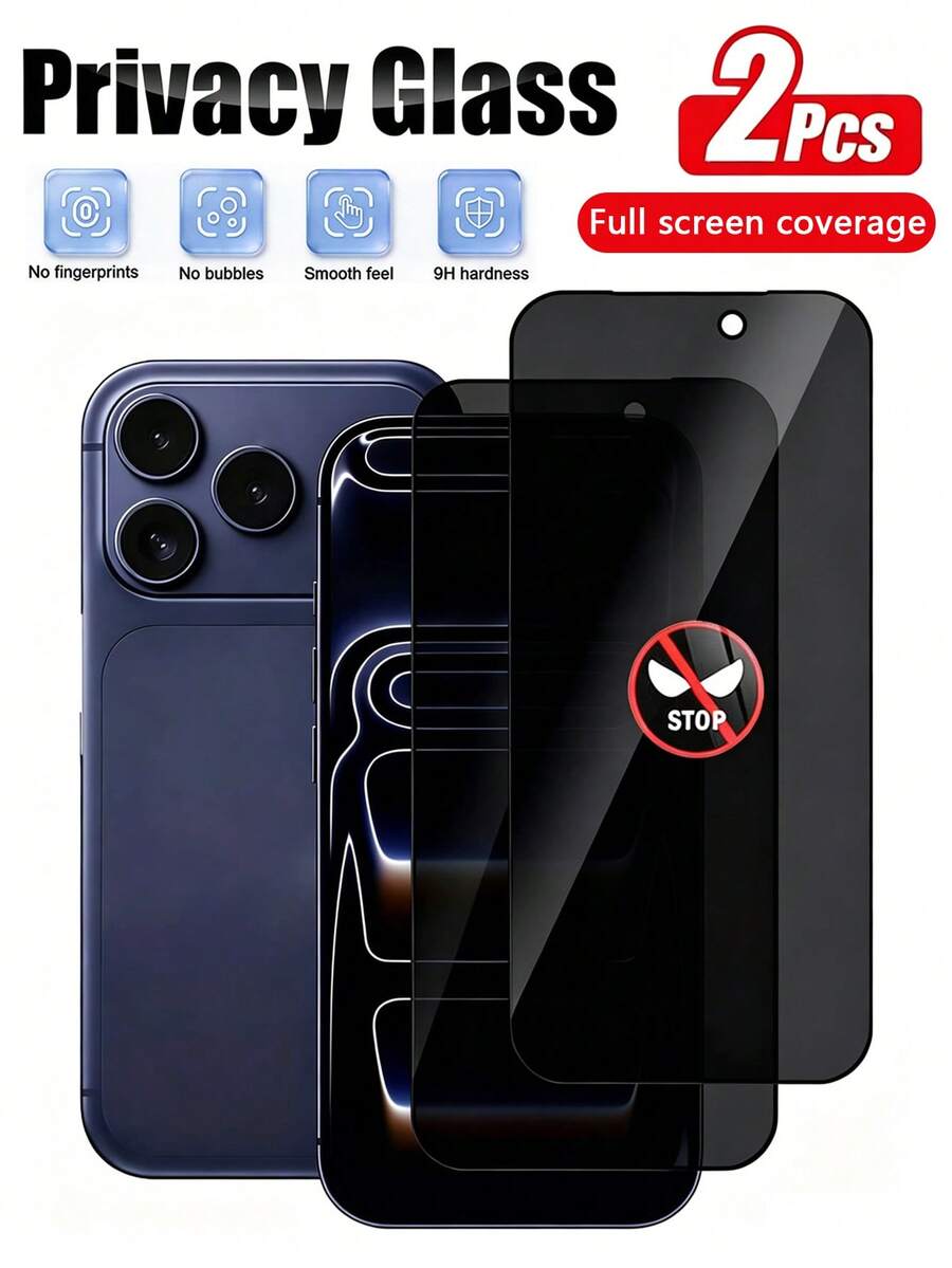 2pcs Privacy Tempered Glass Screen Protector, Compatible With IPhone 17 Pro Max/17 Air/17/16 Pro Max/16 Plus/15 Pro Max/14/13/12/11/XS/XR Series, Privacy Protection, Anti-Scratch, Compatible With Phone Cases, Bubble-Free Application, Phone Accessories