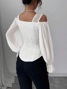 Fashionable Open-Style Design With Long Floral Jacquard Sleeves And Adjustable Shoulder Straps - White - View 3