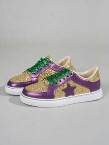 Zapatillas deportivas casuales de mujer para primavera/otoño, de puntera redonda y suela baja, fáciles de limpiar, cómodas y versátiles, de color blanco, con bloques de color, estilo retro vulcanizado, adecuadas para todas las estaciones - oro púrpura - Ver 3