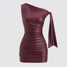 LunaCass8  Nuevo vestido mini de verano de ajuste ceñido con cuello asimétrico, cintura fruncida y detalles de volantes laterales, en tela elástica con revestimiento de color vino tinto, adecuado para club, fiesta, cóctel y uso diario - Burdeos - Ver 7