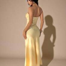 YijiaNvz  PETITE Vestido ajustado sin tirantes de unicolor amarillo crema con pliegues y espalda descubierta, adecuado para fiestas, cócteles, ocasiones formales, dama de honor, cumpleaños, vestido largo de satén amarillo, Navidad, banquetes, casual de negocios, vestidos de fiesta para mujeres, vestido de fiesta de Navidad - Marrón - Ver 3