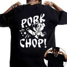 White Printed T-Shirt With A Stylized Pig Motif And The Text PORK CHOP In Bold Black Letters, Accompanied By Stars And Dynamic Effects For A Humorous And Casual Look, Ideal For - Black - View 2