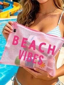 多色防水時尚網布沙灘包,印有「Beach Vibes」圖案的化妝包,沙灘主題。大容量透明化妝包配尼龍拉鍊,便攜式化妝收納包,適合女性使用,可收納化妝品、洗漱用品和旅行必需品,適用於日常使用、度假、出差、健身、沙灘,適合學生、旅行者和美容愛好者,非常適合夏季假期、生日和伴娘禮物,可用作化妝包和洗漱包 - 彩色 - 查看 2