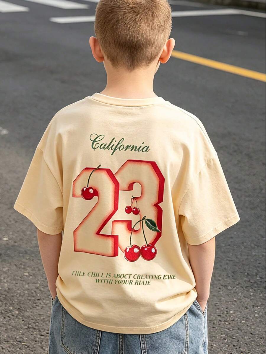 Boys' Spring/Summer Cherry 23 Print Crew Neck Short Sleeve Khaki T-Shirt, Comfortable And Soft, Suitable For Daily Outdoor, Vacation, Sports, School - Khaki - View 1