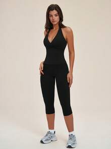 TimeOff Women's One Set Halter Neck V-Neck Criss-Cross Wrap Design Backless Tank Top Tummy Control Butt Lifting Mid-Length Shorts Sports Set - Black - View 8