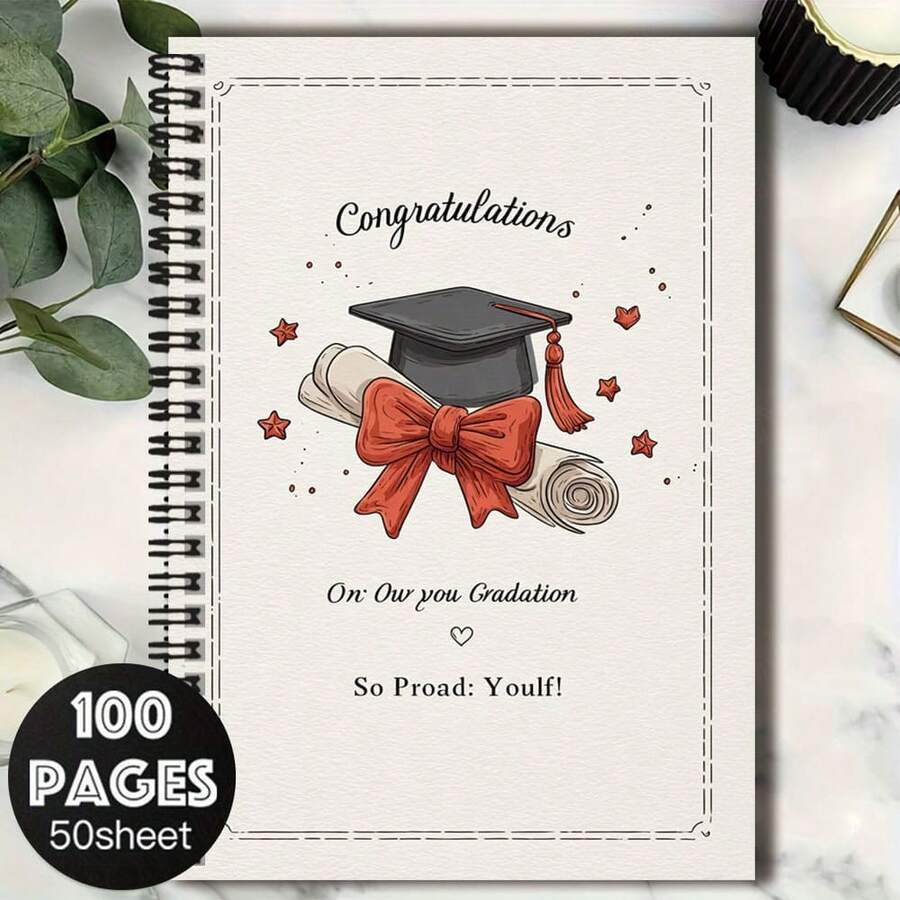 1 pieza Cuaderno de espiral exclusivo para la temporada de graduación, portada decorada con birrete de graduación, pergamino y lazo, combinado con decoraciones de estrellas, lleno de sentido ritual. 100 páginas de gran capacidad, adecuado para registros de trabajo, notas de estudio, planificación diaria, etc., perfecto como regalo de graduación, regalo de cumpleaños, ¡registra los momentos talla grande destacados de la vida! - H - Ver 1