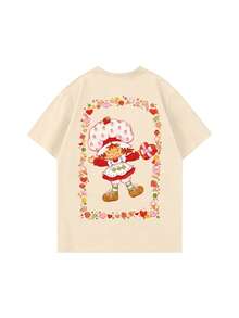 女款夏季 T-shirt，可愛糖果邊印花寬鬆休閒 T-shirt，適合日常甜美女孩風格 - 杏色 - 查看 5